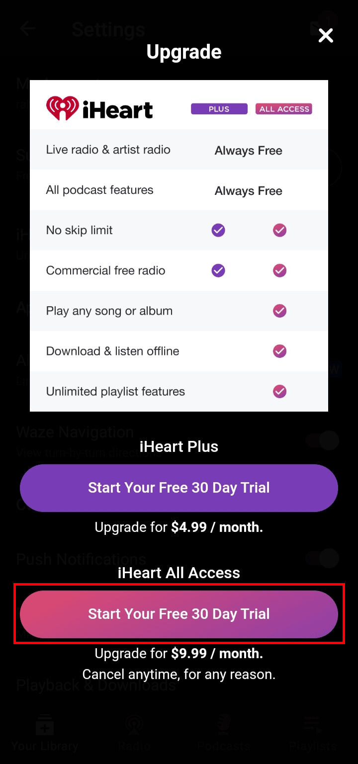 iHeart All Access の下で、Start Your Free 30 Day Trial をタップします。