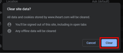 Stuknij w Wyczyść w oknie dialogowym, które pojawiło się na ekranie, aby zresetować dane witryny.