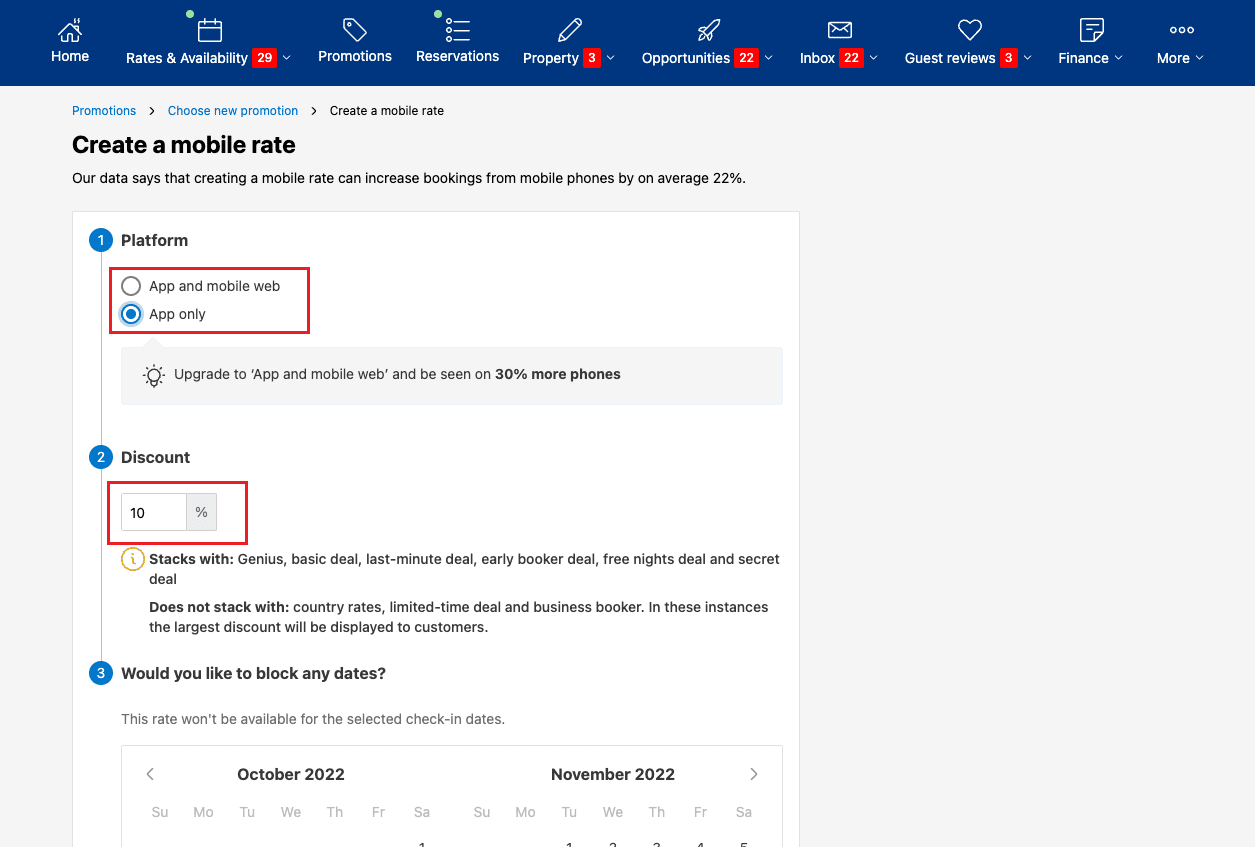 Opção de aplicativo e web móvel ou somente aplicativo - percentual de desconto desejado | O que significa preço somente para dispositivos móveis na Booking.com?