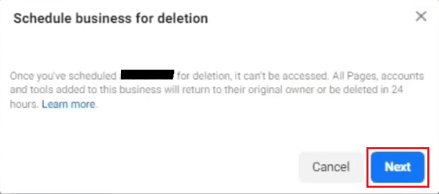 Fare clic su Avanti dal popup di conferma che segue | Come eliminare l'account aziendale di Facebook