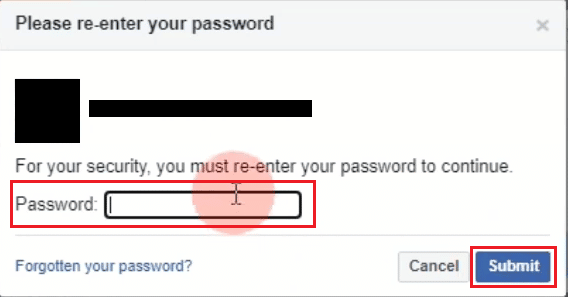 Inserisci la password del tuo account FB e fai clic su Invia