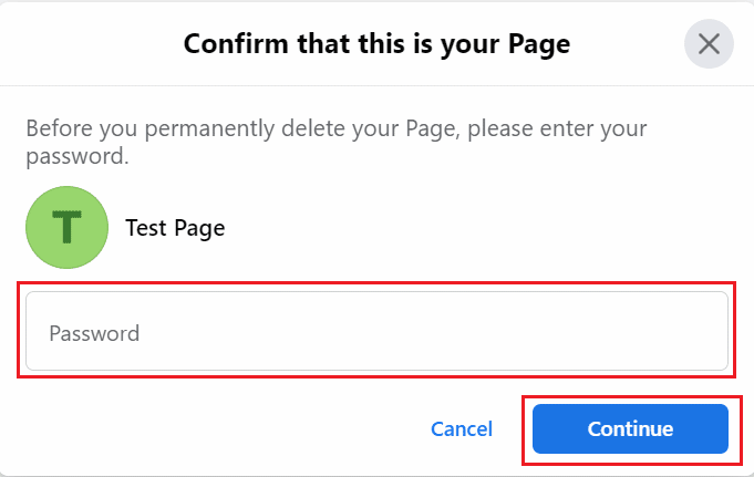 Introduceți parola și faceți clic pe Continuare | Cum să ștergi contul Facebook Business