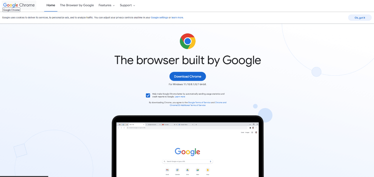 Página de download oficial do Google Chrome