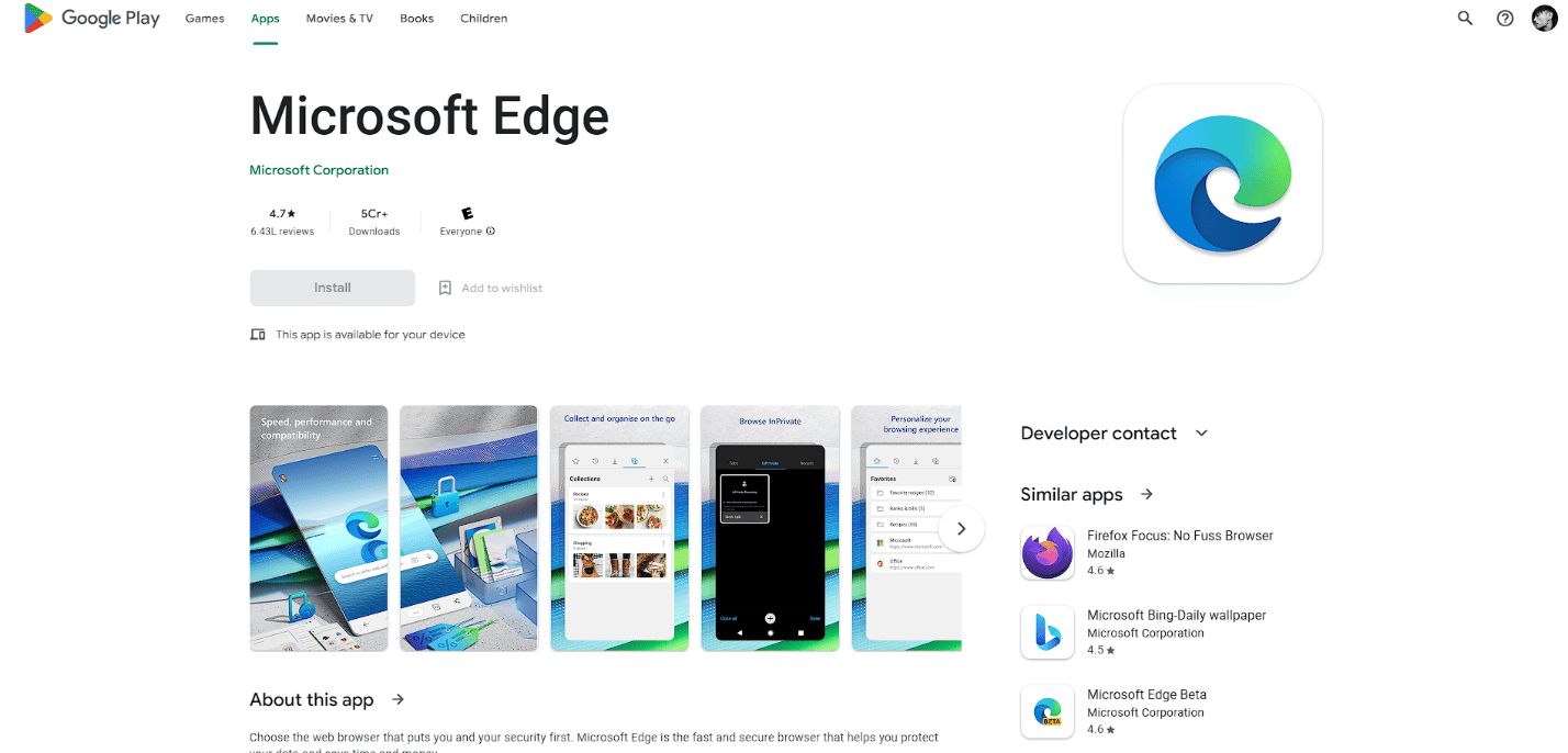 Play Store do navegador Microsoft Edge