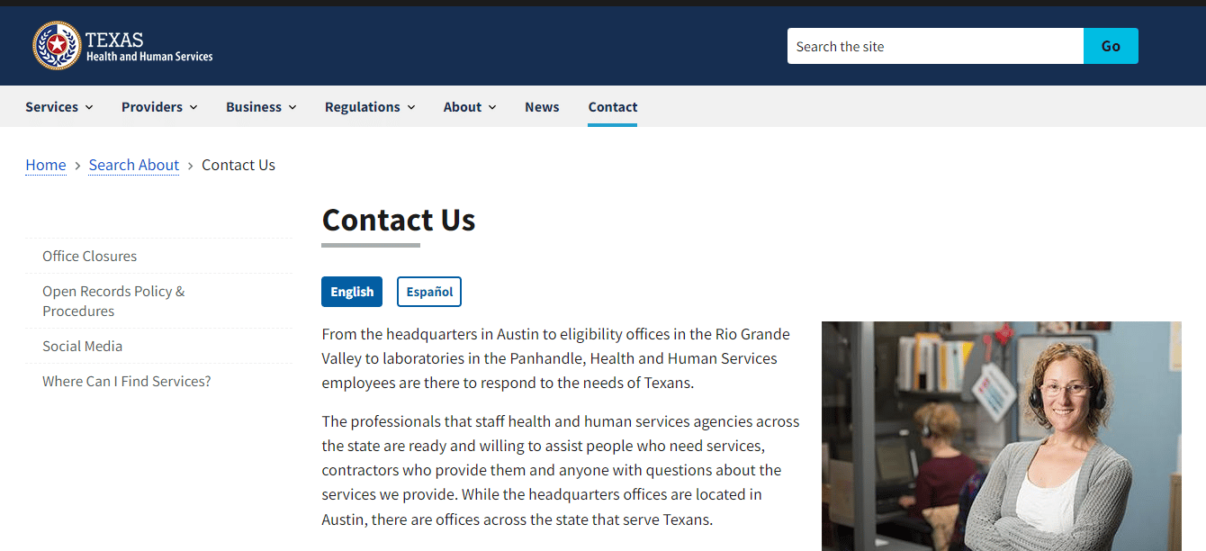 Page de contact de HHS texas