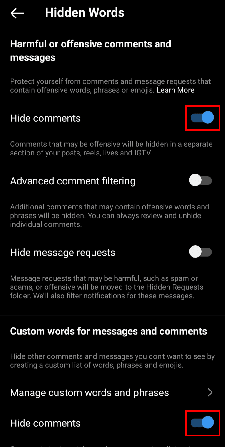 Dezactivați comutatorul de comutare de lângă opțiunea Ascundere comentarii pentru a afișa comentariile ascunse. | aplicație pentru a vedea comentariile șterse pe Instagram