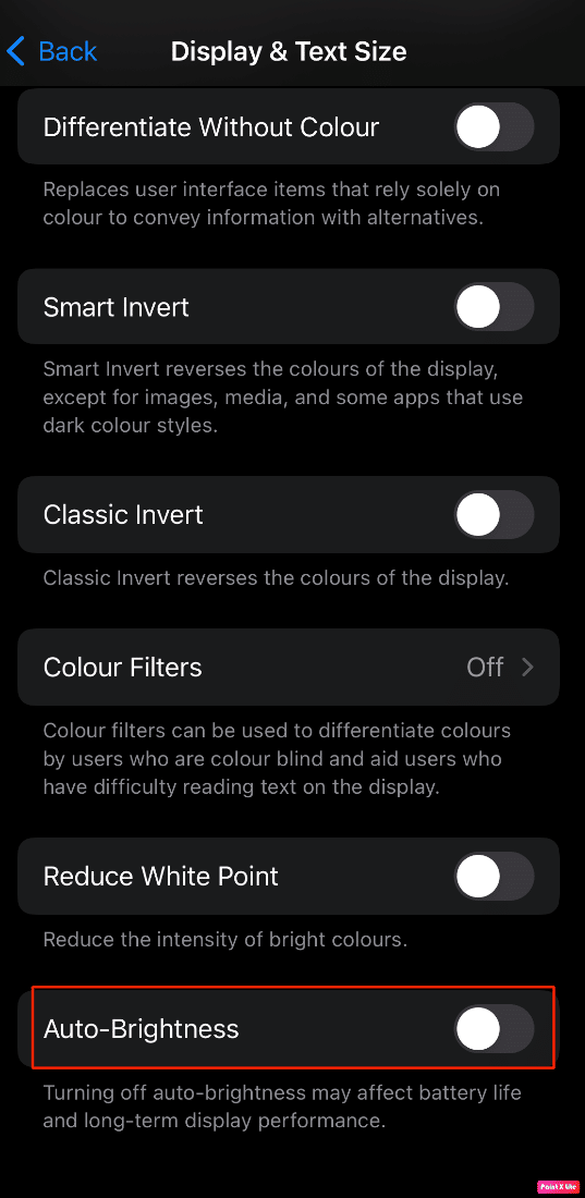 | iphone の自動輝度オプションをオフに切り替えます。 iPhoneの画面のちらつきと応答しない問題を修正