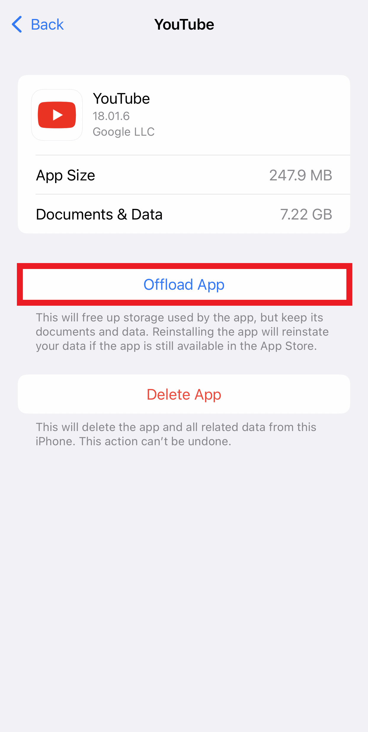 Appuyez sur Offload App pour libérer de l'espace de stockage sur votre iPhone