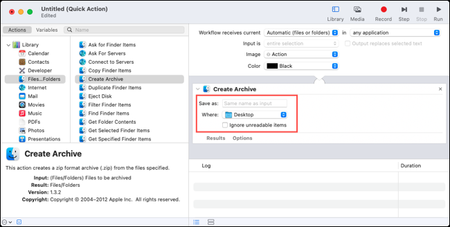 Criar mensagem de ação de arquivamento para adicionar a ação Copiar no fluxo de trabalho do Automator