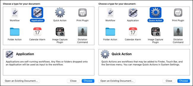 ตัวเลือกแอปพลิเคชันและการดำเนินการด่วนใน Automator