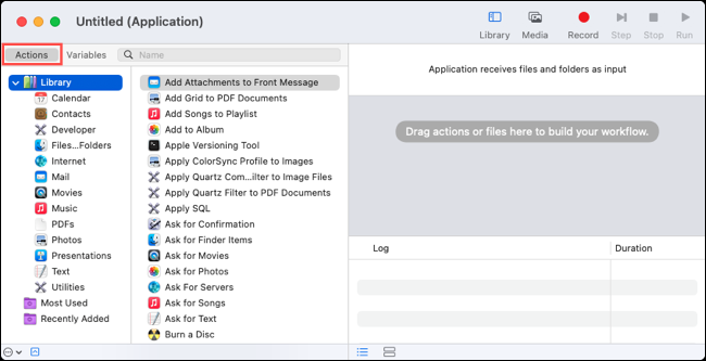 การกระทำและคลังใน Automator