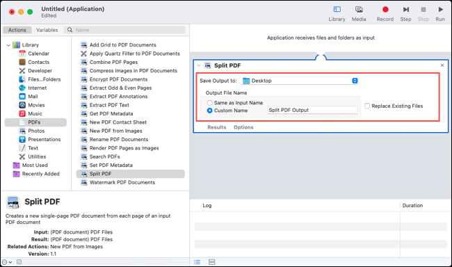 Options de fractionnement de PDF dans le flux de travail Automator