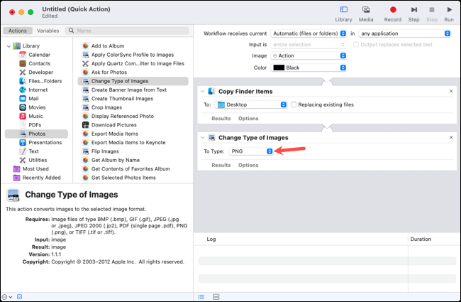 Format de fichier pour l'action Changer le type d'images dans Automator