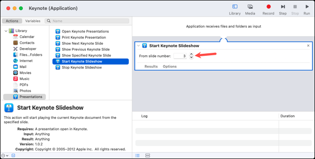 Porniți acțiunea Keynote Slideshow Mesaj pentru a adăuga acțiunea Copiere în fluxul de lucru Automator
