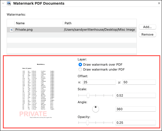 Penyesuaian untuk tanda air di Automator