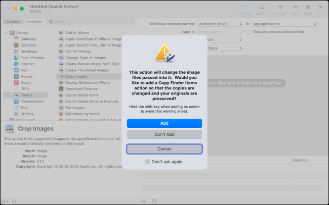 Message pour ajouter l'action Copier dans Automator