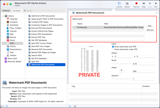 Imagem de marca d'água adicionada à ação do Automator
