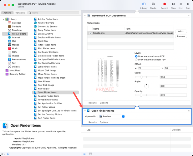 Action Ouvrir les éléments du Finder dans le flux de travail Automator