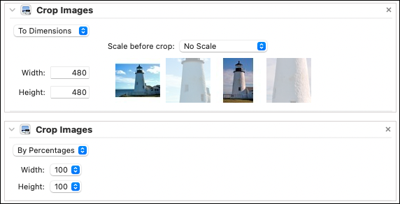 Aux dimensions et aux options Par pourcentages pour recadrer les images