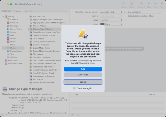 Pesan untuk menambahkan tindakan Salin di Automator