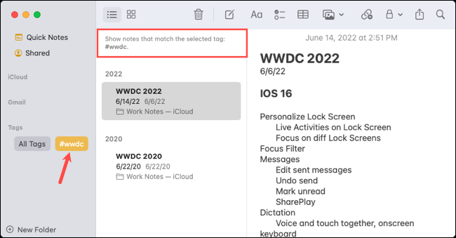 บันทึกที่ติดแท็กใน Notes บน Mac