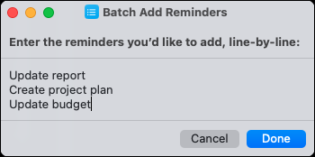 Daftar item di Batch Add Reminders Shortcut