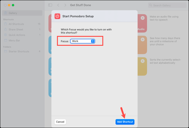 Choisissez Focus dans le raccourci Démarrer Pomodoro