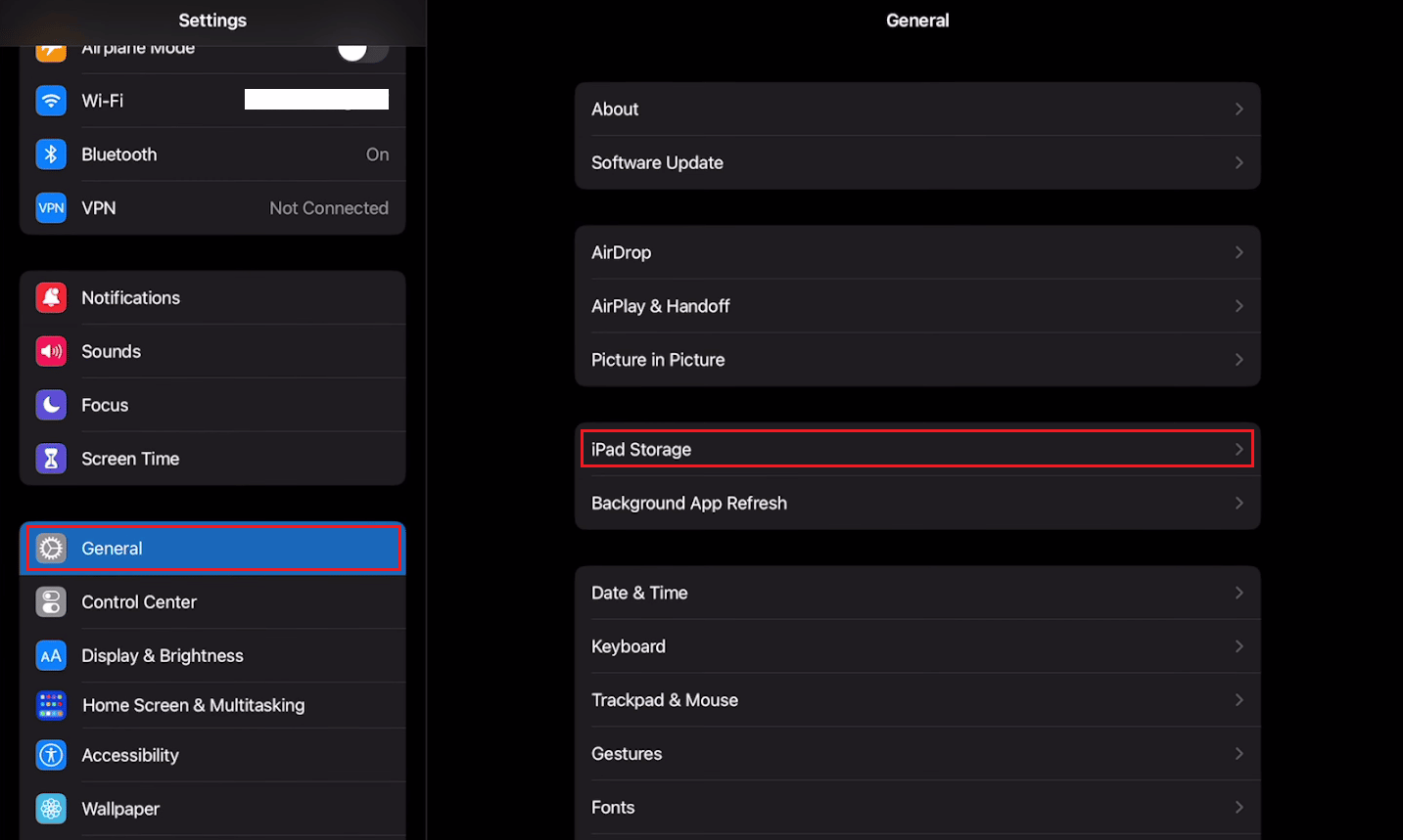 Pengaturan - Umum - Penyimpanan iPad