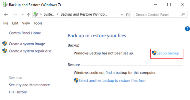 Din fereastra de backup și restaurare, faceți clic pe Configurați backup