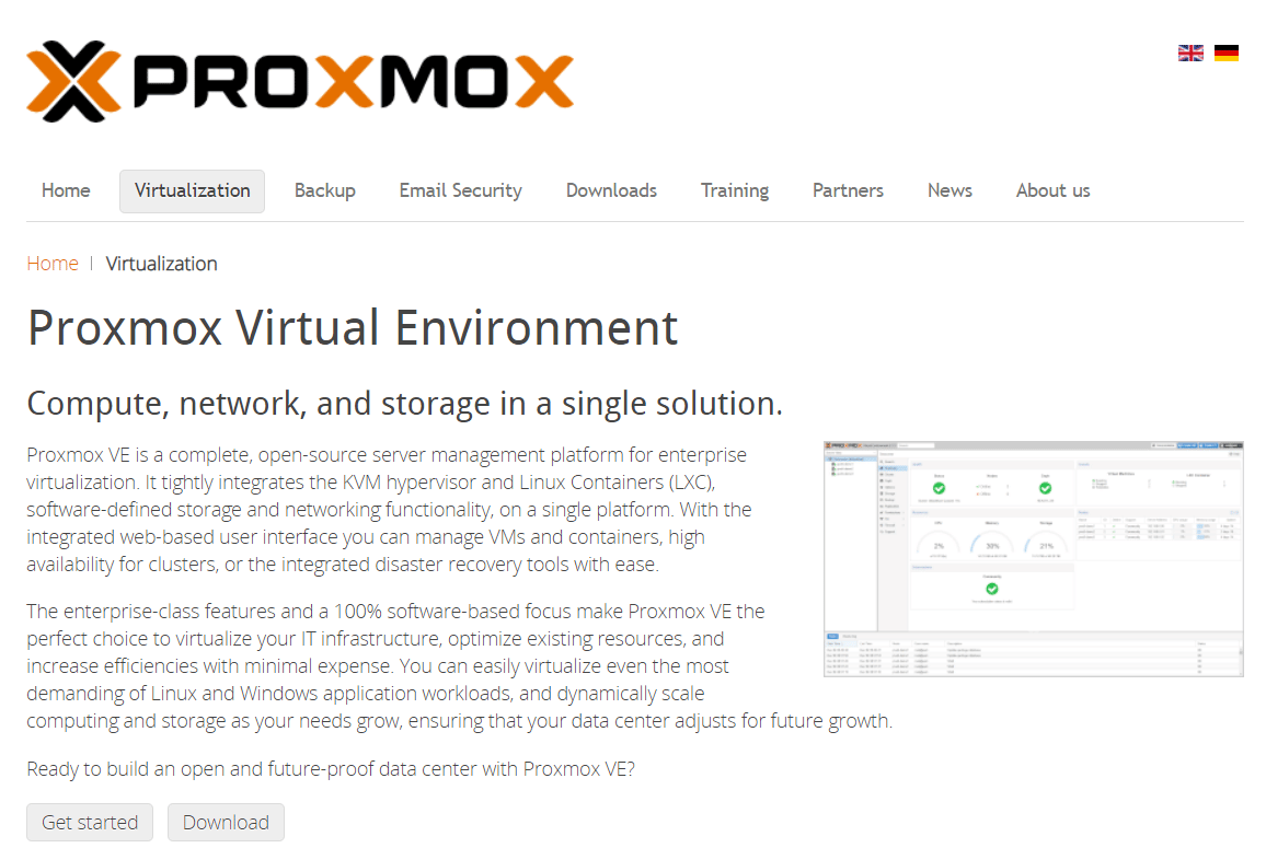 Proxmox Sanal Ortam web sayfası