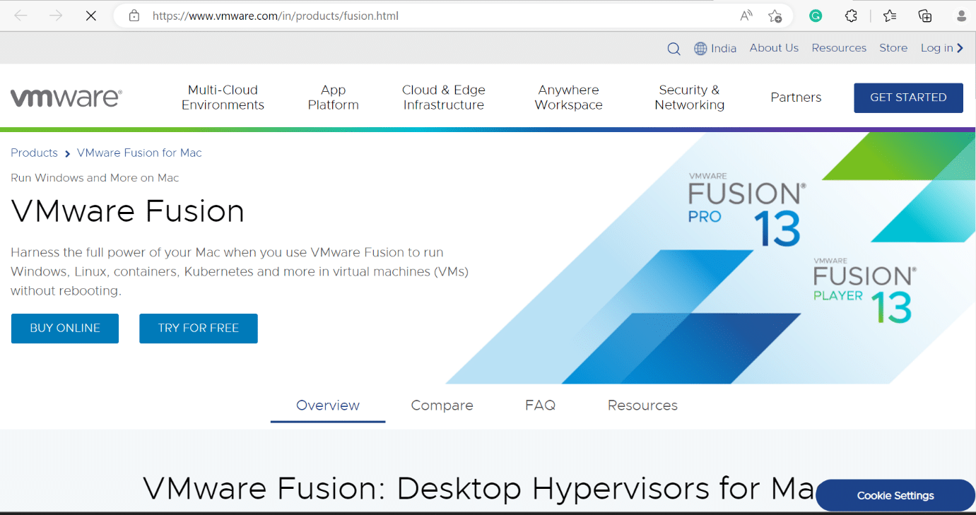 página da web do vmware fusion