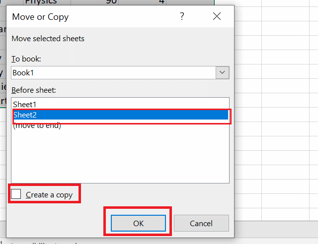 대화 상자에서 파일을 이동하려는 시트도 선택합니다. 복사본 만들기 옵션을 클릭한 다음 확인을 클릭합니다.