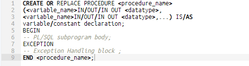 ไวยากรณ์เพื่อสร้างกระบวนงานที่เก็บไว้ใน oracle