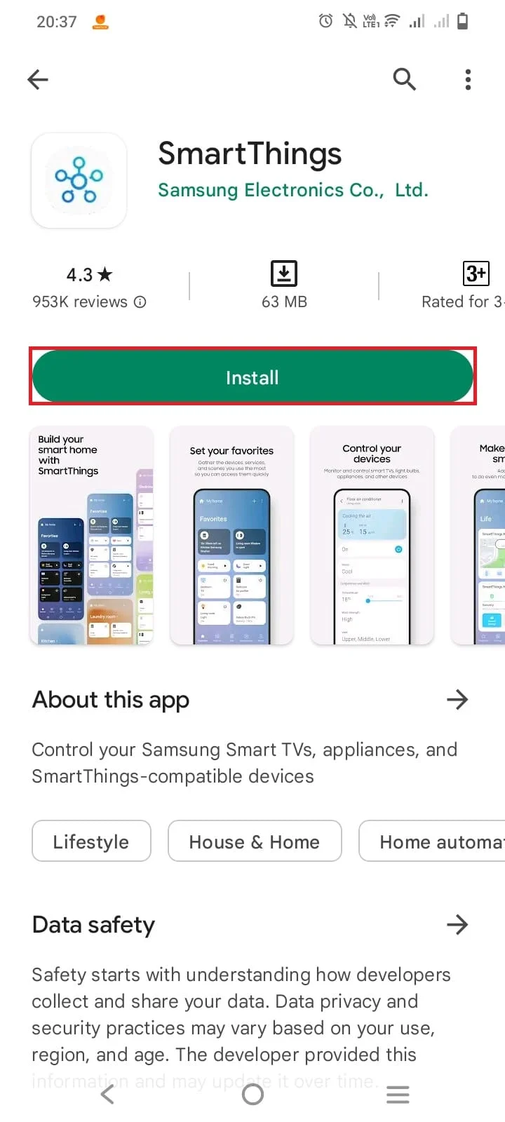 พิมพ์ SmartThings บนแป้นพิมพ์ Google ของคุณ แตะที่ปุ่มติดตั้งเพื่อติดตั้งแอพ