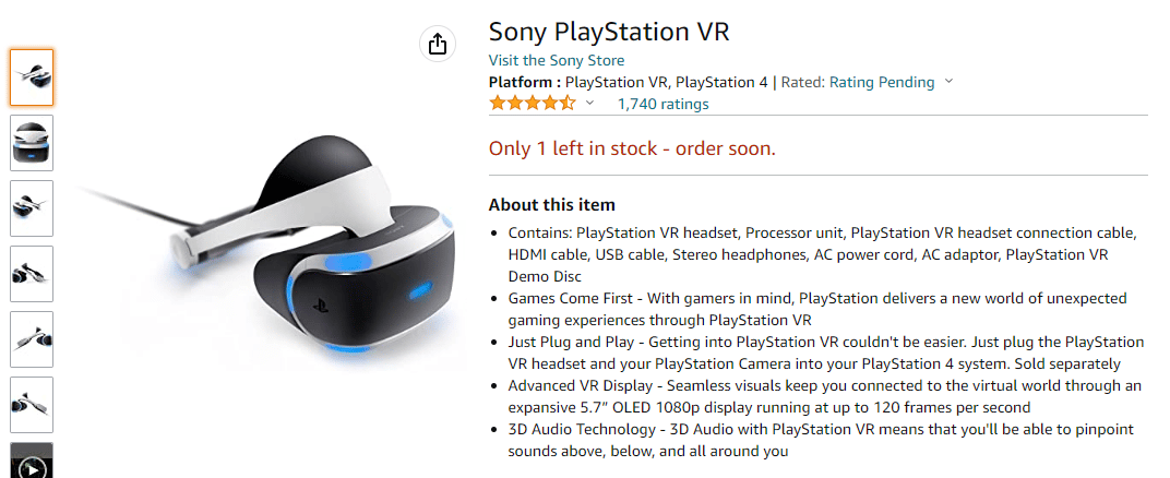 Sony Play Station VR 아마존 페이지