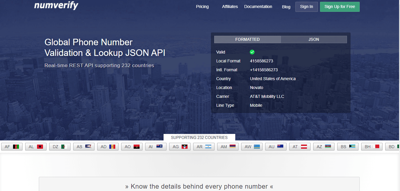 Numverify API 웹사이트