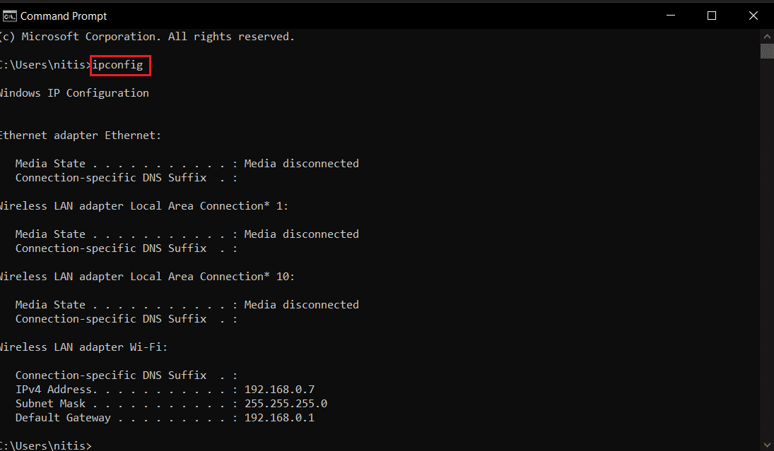 digitare il comando ipconfig al prompt dei comandi