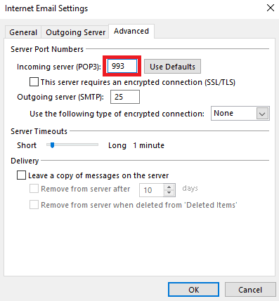 Geben Sie den POP3-Wert des Posteingangsservers als 993 ein