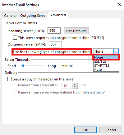 localize Usar o seguinte tipo de conexão criptografada e selecione SSL/TLS