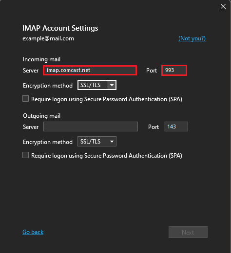 changer le nom du serveur IMAP et le numéro de port