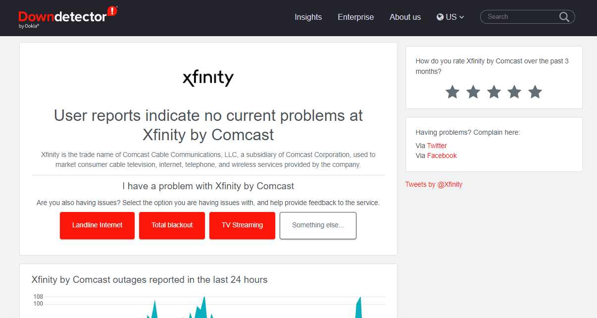 Страница детектора сбоев сервера Xfinity