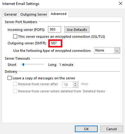 ป้อนค่า SMTP ของเซิร์ฟเวอร์ขาออกเป็น 587 หรือ 465 วิธีแก้ไขอีเมล Comcast ไม่ทำงาน