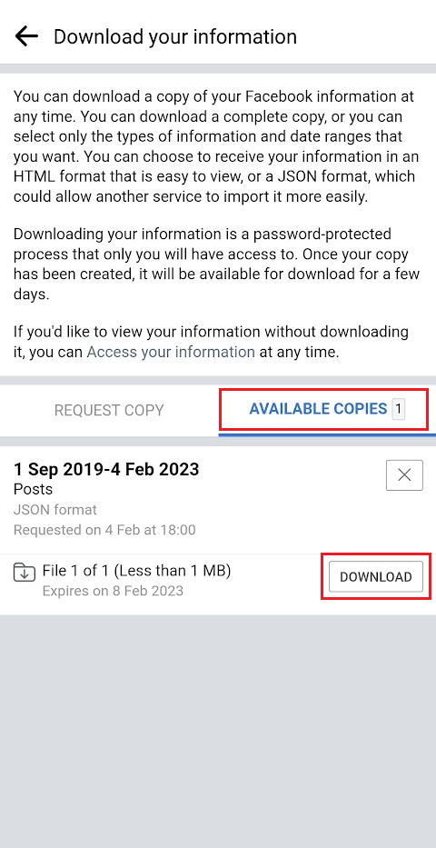 mude para a guia CÓPIAS DISPONÍVEIS e toque em DOWNLOAD