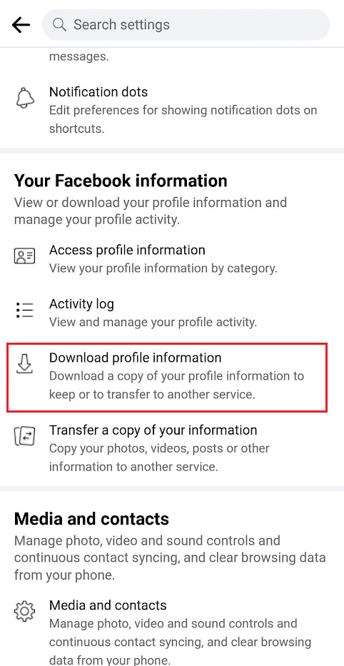 Ketuk Unduh informasi profil dari informasi Facebook Anda