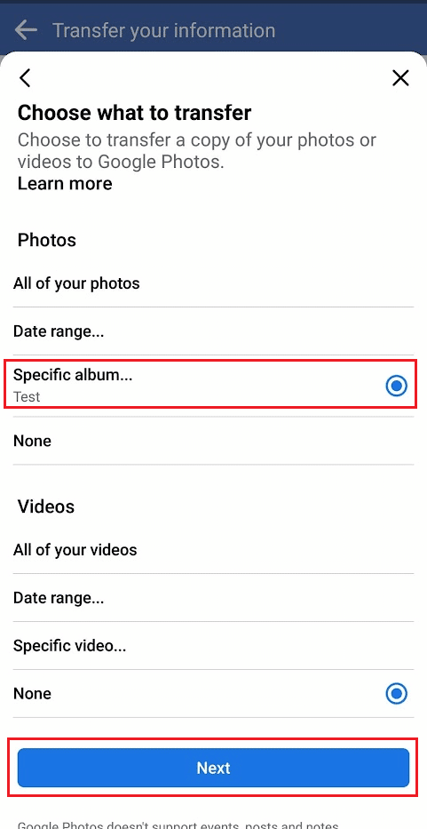 Choisissez le bouton radio Album spécifique... et appuyez sur Suivant | Comment télécharger toutes les photos Facebook à la fois