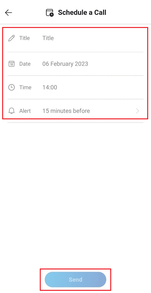 会議のタイトル、日付、時刻、およびアラートを設定します - [送信] をタップします