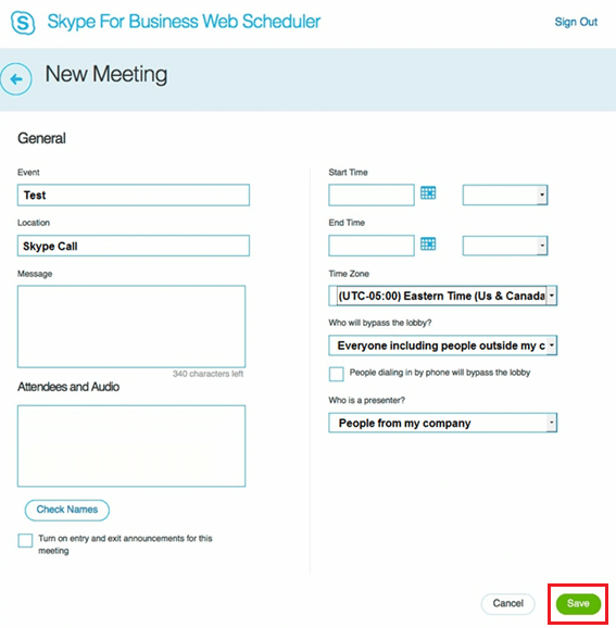 Skype for Business Web Scheduler Noua întâlnire