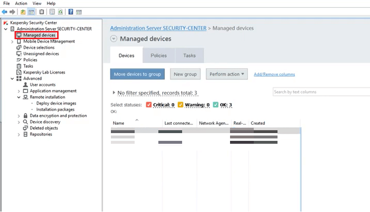 Dispositivos administrados del centro de seguridad de Kaspersky