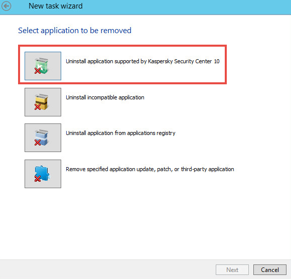 คลิกถอนการติดตั้งแอปพลิเคชันที่สนับสนุนโดย Kaspersky Security Center 10