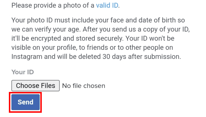 Загрузите любое действительное удостоверение личности, представляющее ваш возраст, и нажмите кнопку «Отправить».